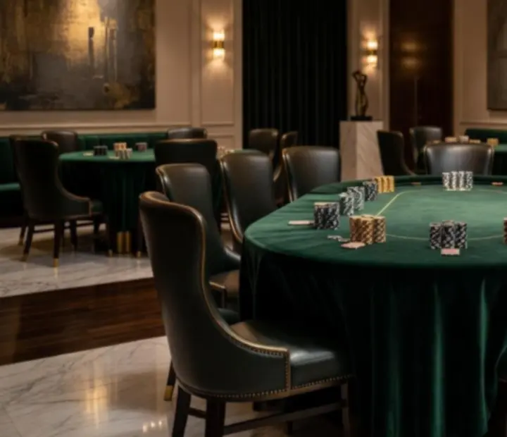 Kameralna sala restauracyjna z elegancko przygotowanymi stołami pokerowymi