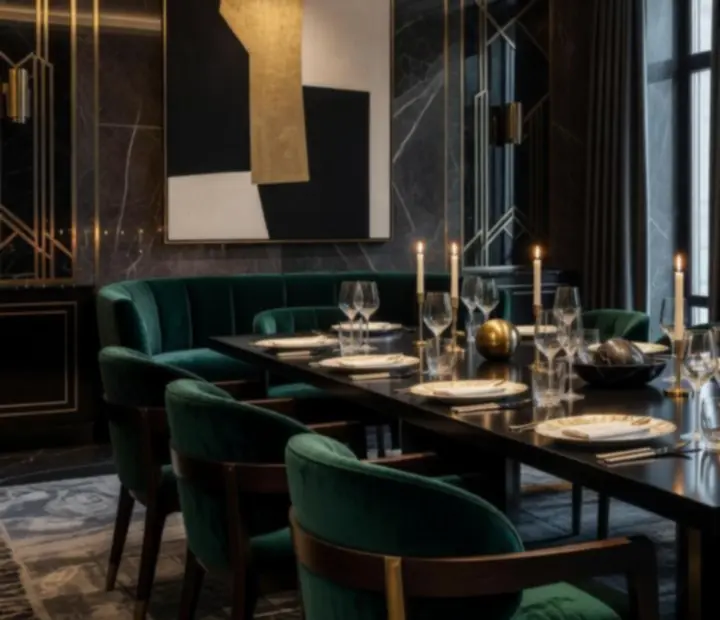 Luksusowe wnętrza restauracji z inspirowanym art déco wystrojem i nastrojowym światłem