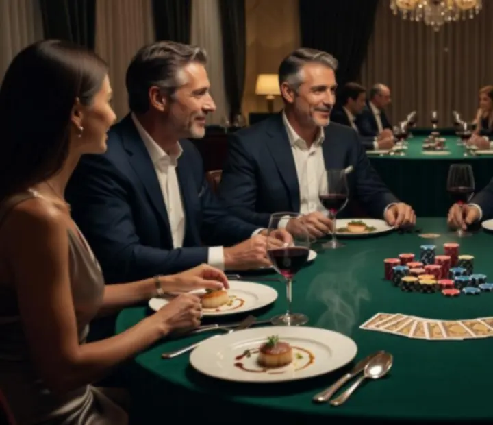 Stół pokerowy z symbolicznymi żetonami przygotowany obok eleganckiej kolacji