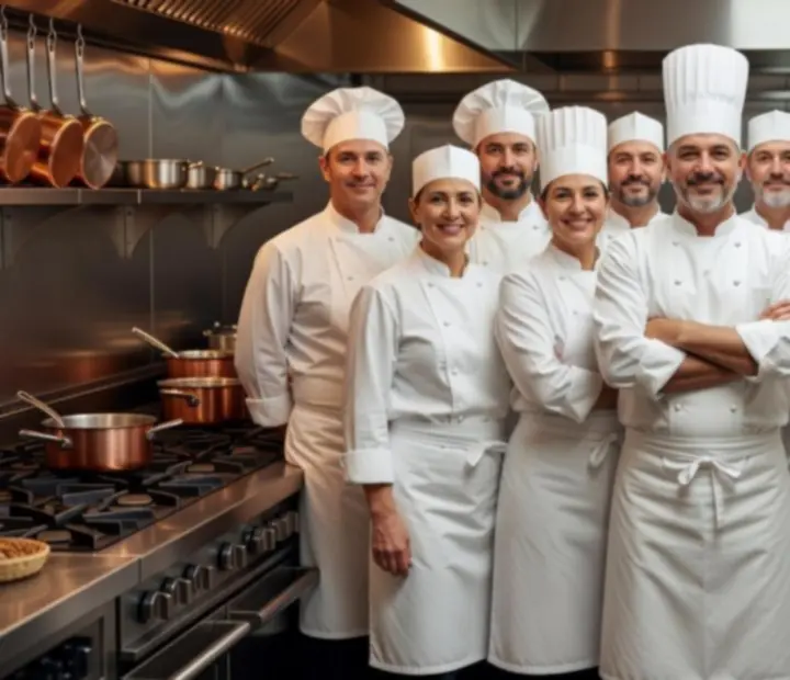 Szef kuchni z zespołem w eleganckiej kuchni restauracyjnej